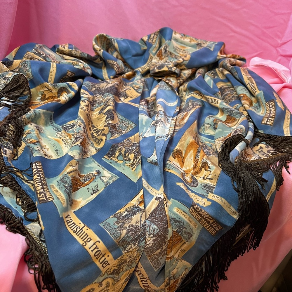 Blue and Tan Fringed shawl Yoakum double D